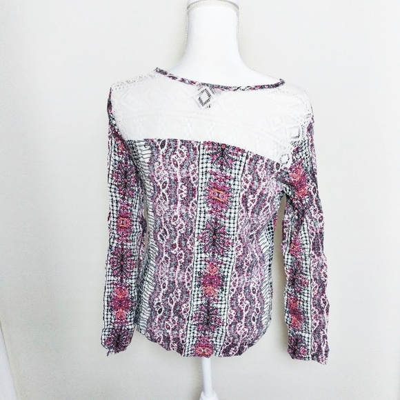 Copper Key Crochet Lace Detail Boho Abstract Print Long Sleeve Top - Picture 2 of 7